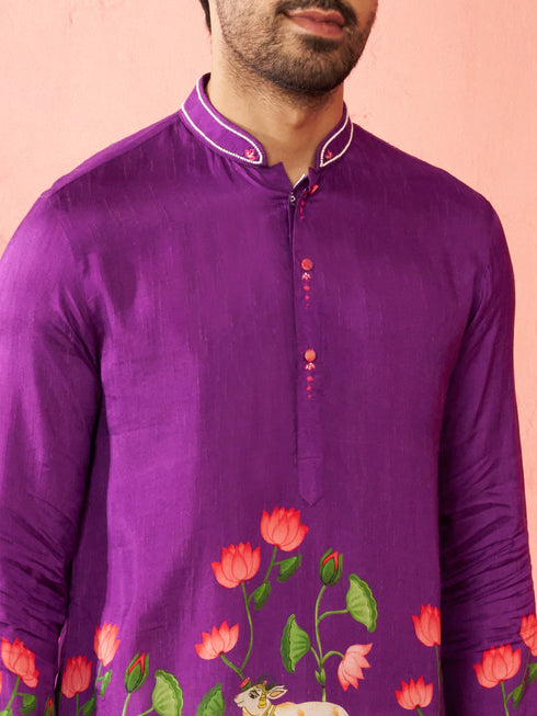Men's Purple Dola Silk Digital Print Kurta with Cream Pyjama